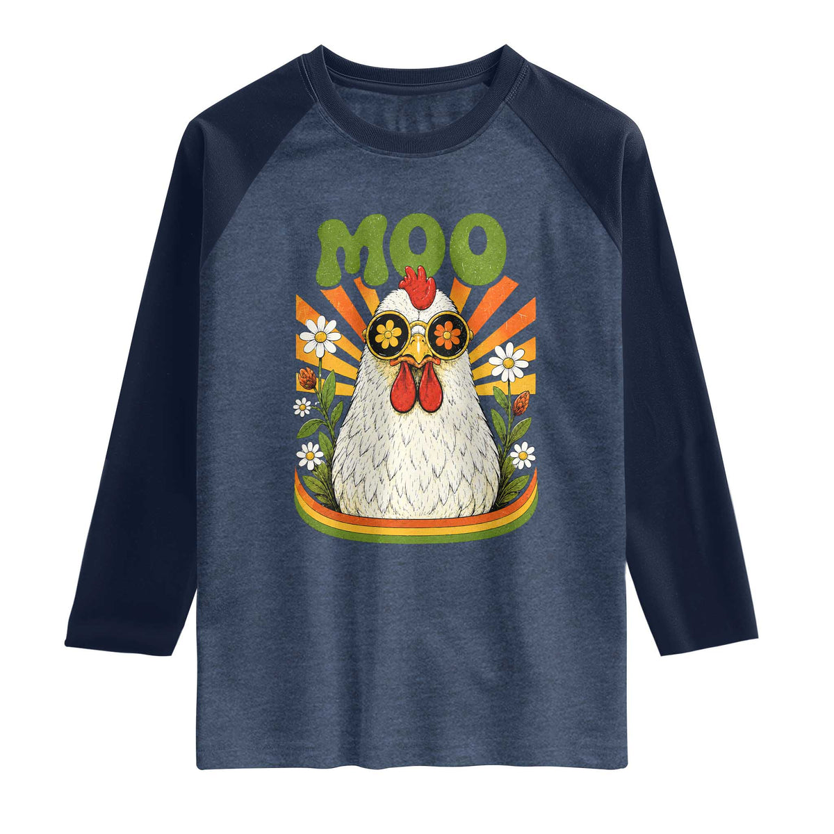 Retro Moo Chicken Wearing Sunglasses Graphic Raglan Shirt Funny Groovy Farm Animal Pun Vintage Sunburst TS02 Heather Denim Navy Print Your Wear