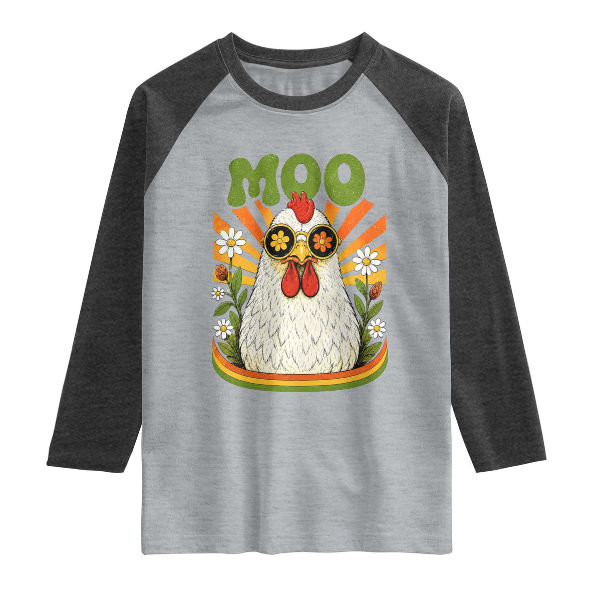 Retro Moo Chicken Wearing Sunglasses Graphic Raglan Shirt Funny Groovy Farm Animal Pun Vintage Sunburst TS02 Heather Gray Heather Charcoal Print Your Wear