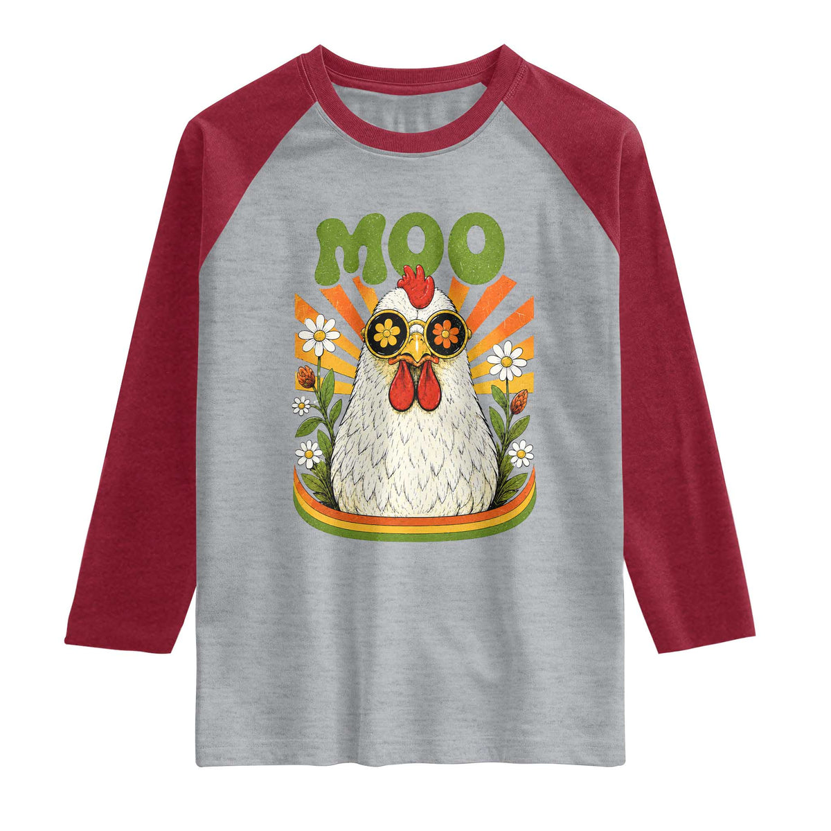 Retro Moo Chicken Wearing Sunglasses Graphic Raglan Shirt Funny Groovy Farm Animal Pun Vintage Sunburst TS02 Heather Gray Heather Red Print Your Wear