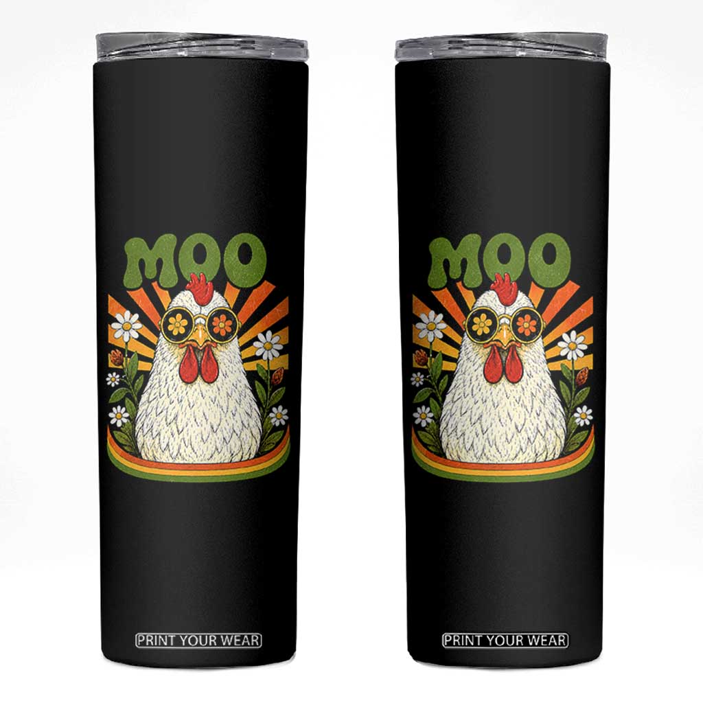 Retro Moo Chicken Wearing Sunglasses Graphic Skinny Tumbler Funny Groovy Farm Animal Pun Vintage Sunburst TS02 Black Print Your Wear