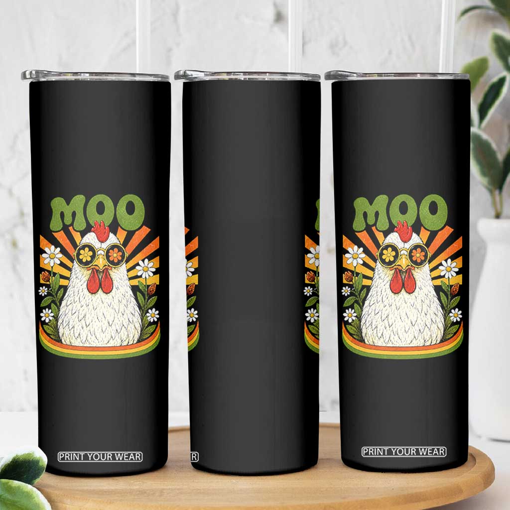 Retro Moo Chicken Wearing Sunglasses Graphic Skinny Tumbler Funny Groovy Farm Animal Pun Vintage Sunburst TS02 Print Your Wear