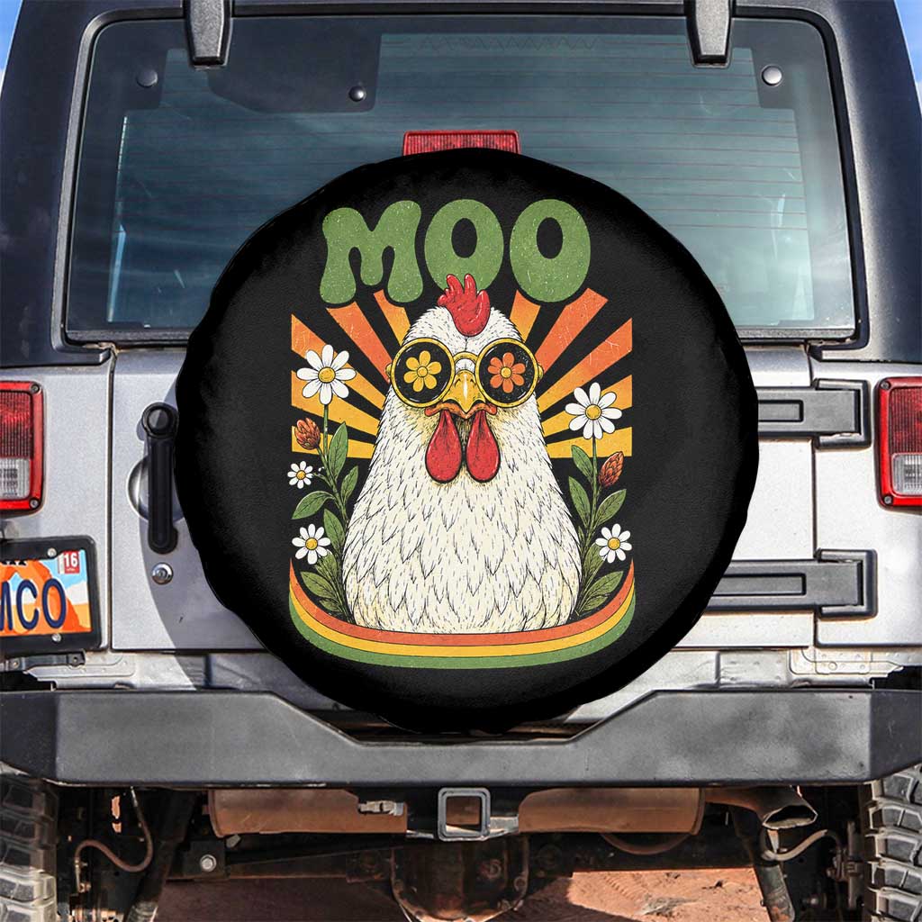 Retro Moo Chicken Wearing Sunglasses Graphic Spare Tire Cover Funny Groovy Farm Animal Pun Vintage Sunburst TS02 No hole Black Print Your Wear