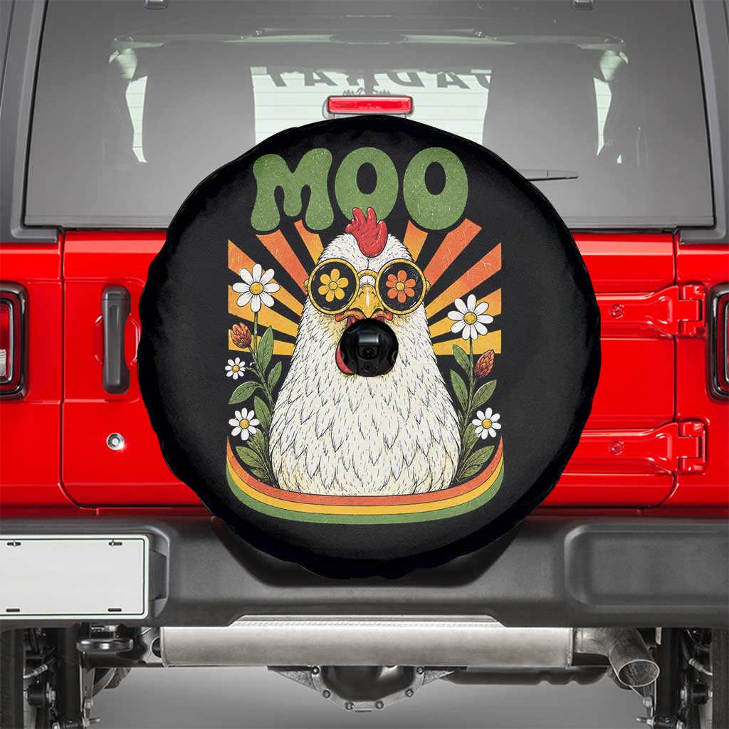 Retro Moo Chicken Wearing Sunglasses Graphic Spare Tire Cover Funny Groovy Farm Animal Pun Vintage Sunburst TS02 Black Print Your Wear