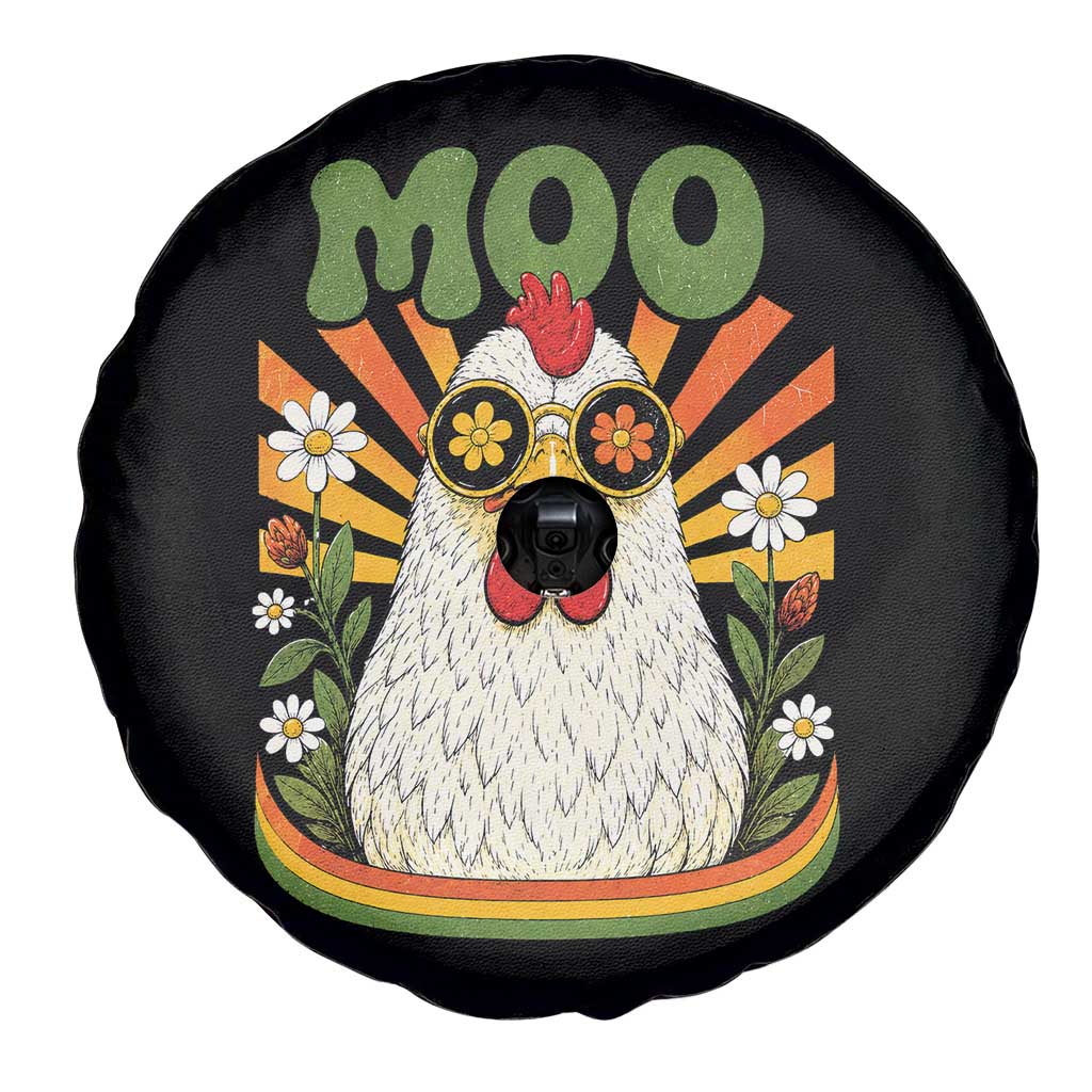 Retro Moo Chicken Wearing Sunglasses Graphic Spare Tire Cover Funny Groovy Farm Animal Pun Vintage Sunburst TS02 Print Your Wear