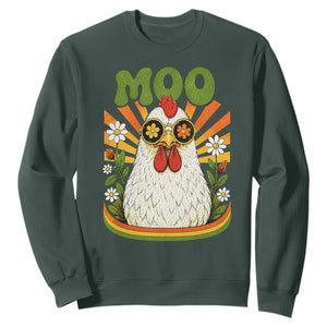 Retro Moo Chicken Wearing Sunglasses Graphic Sweatshirt Funny Groovy Farm Animal Pun Vintage Sunburst TS02 Dark Forest Green Print Your Wear