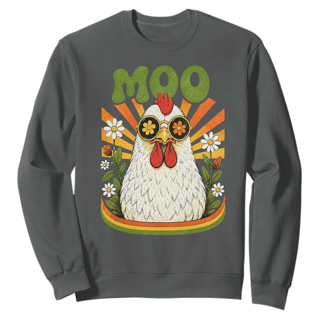Retro Moo Chicken Wearing Sunglasses Graphic Sweatshirt Funny Groovy Farm Animal Pun Vintage Sunburst TS02 Dark Heather Print Your Wear