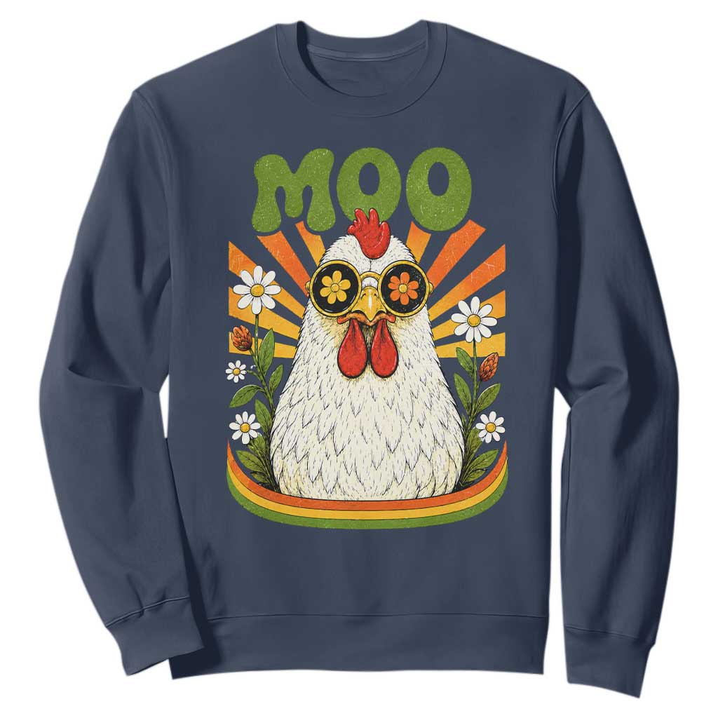 Retro Moo Chicken Wearing Sunglasses Graphic Sweatshirt Funny Groovy Farm Animal Pun Vintage Sunburst TS02 Navy Print Your Wear