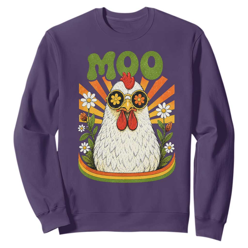 Retro Moo Chicken Wearing Sunglasses Graphic Sweatshirt Funny Groovy Farm Animal Pun Vintage Sunburst TS02 Purple Print Your Wear