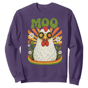 Retro Moo Chicken Wearing Sunglasses Graphic Sweatshirt Funny Groovy Farm Animal Pun Vintage Sunburst TS02 Purple Print Your Wear