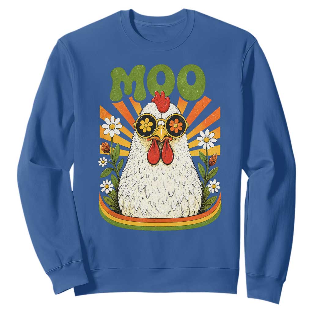Retro Moo Chicken Wearing Sunglasses Graphic Sweatshirt Funny Groovy Farm Animal Pun Vintage Sunburst TS02 Royal Blue Print Your Wear