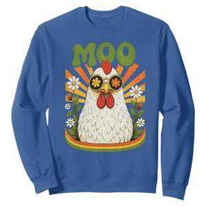 Retro Moo Chicken Wearing Sunglasses Graphic Sweatshirt Funny Groovy Farm Animal Pun Vintage Sunburst TS02 Royal Blue Print Your Wear