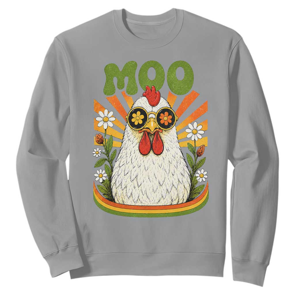 Retro Moo Chicken Wearing Sunglasses Graphic Sweatshirt Funny Groovy Farm Animal Pun Vintage Sunburst TS02 Sport Gray Print Your Wear