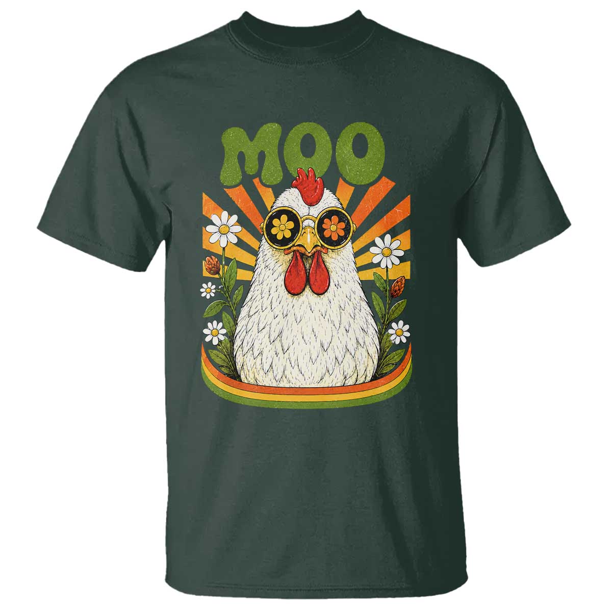 Retro Moo Chicken Wearing Sunglasses Graphic T Shirt Funny Groovy Farm Animal Pun Vintage Sunburst TS02 Dark Forest Green Print Your Wear