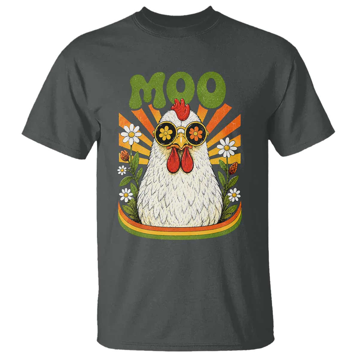 Retro Moo Chicken Wearing Sunglasses Graphic T Shirt Funny Groovy Farm Animal Pun Vintage Sunburst TS02 Dark Heather Print Your Wear