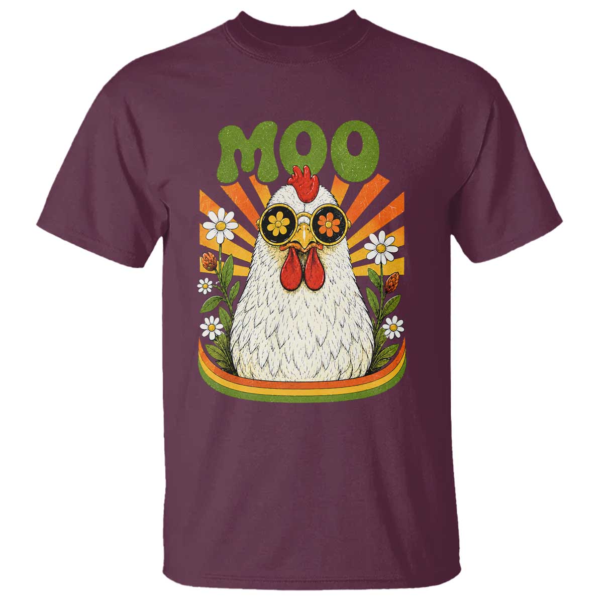 Retro Moo Chicken Wearing Sunglasses Graphic T Shirt Funny Groovy Farm Animal Pun Vintage Sunburst TS02 Maroon Print Your Wear
