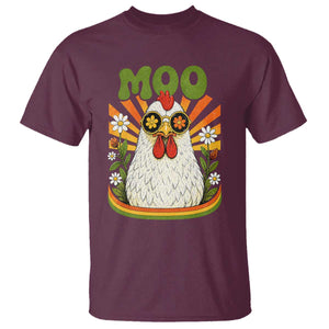 Retro Moo Chicken Wearing Sunglasses Graphic T Shirt Funny Groovy Farm Animal Pun Vintage Sunburst TS02 Maroon Print Your Wear