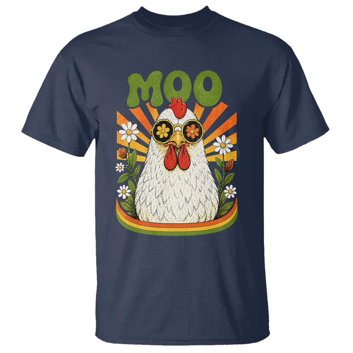 Retro Moo Chicken Wearing Sunglasses Graphic T Shirt Funny Groovy Farm Animal Pun Vintage Sunburst TS02 Navy Print Your Wear
