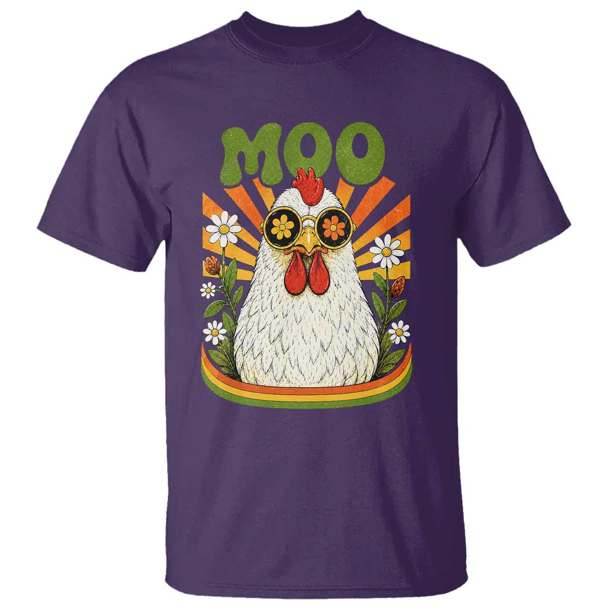 Retro Moo Chicken Wearing Sunglasses Graphic T Shirt Funny Groovy Farm Animal Pun Vintage Sunburst TS02 Purple Print Your Wear