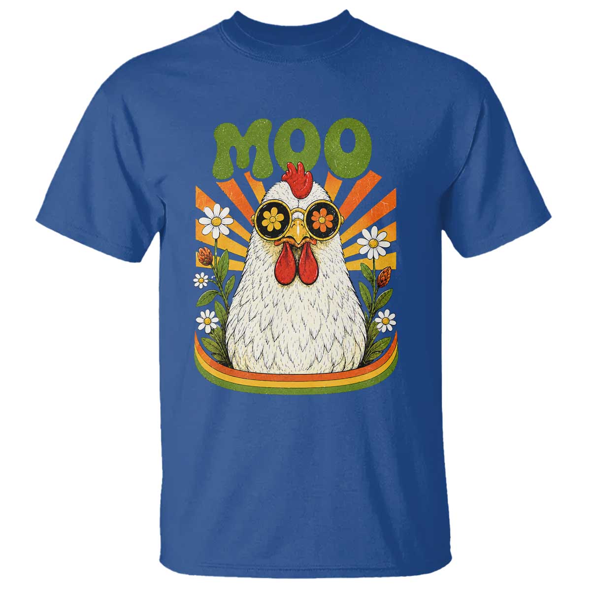 Retro Moo Chicken Wearing Sunglasses Graphic T Shirt Funny Groovy Farm Animal Pun Vintage Sunburst TS02 Royal Blue Print Your Wear