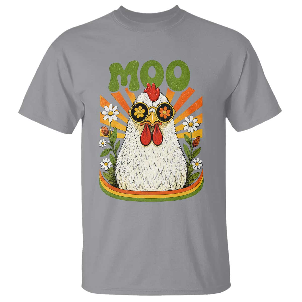 Retro Moo Chicken Wearing Sunglasses Graphic T Shirt Funny Groovy Farm Animal Pun Vintage Sunburst TS02 Sport Gray Print Your Wear