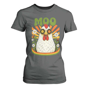 Retro Moo Chicken Wearing Sunglasses Graphic T Shirt For Women Funny Groovy Farm Animal Pun Vintage Sunburst TS02 Dark Heather Print Your Wear