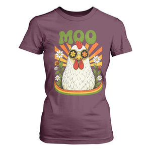 Retro Moo Chicken Wearing Sunglasses Graphic T Shirt For Women Funny Groovy Farm Animal Pun Vintage Sunburst TS02 Maroon Print Your Wear