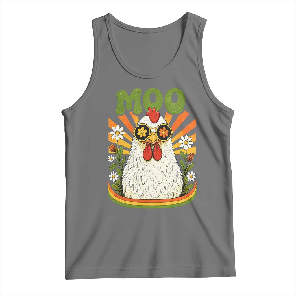 Retro Moo Chicken Wearing Sunglasses Graphic Tank Top Funny Groovy Farm Animal Pun Vintage Sunburst TS02 Black Heather Print Your Wear