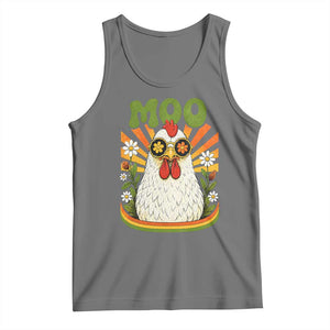 Retro Moo Chicken Wearing Sunglasses Graphic Tank Top Funny Groovy Farm Animal Pun Vintage Sunburst TS02 Black Heather Print Your Wear