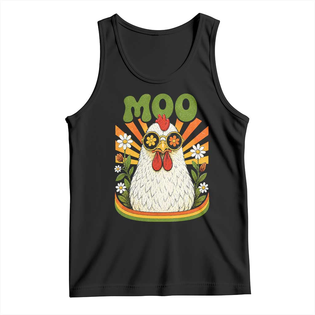 Retro Moo Chicken Wearing Sunglasses Graphic Tank Top Funny Groovy Farm Animal Pun Vintage Sunburst TS02 Black Print Your Wear