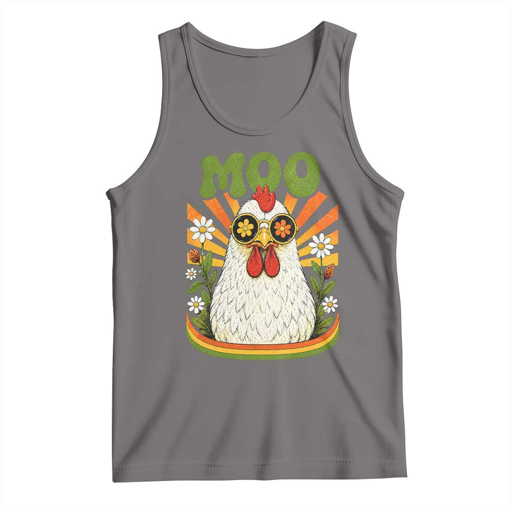 Retro Moo Chicken Wearing Sunglasses Graphic Tank Top Funny Groovy Farm Animal Pun Vintage Sunburst TS02 Deep Heather Print Your Wear