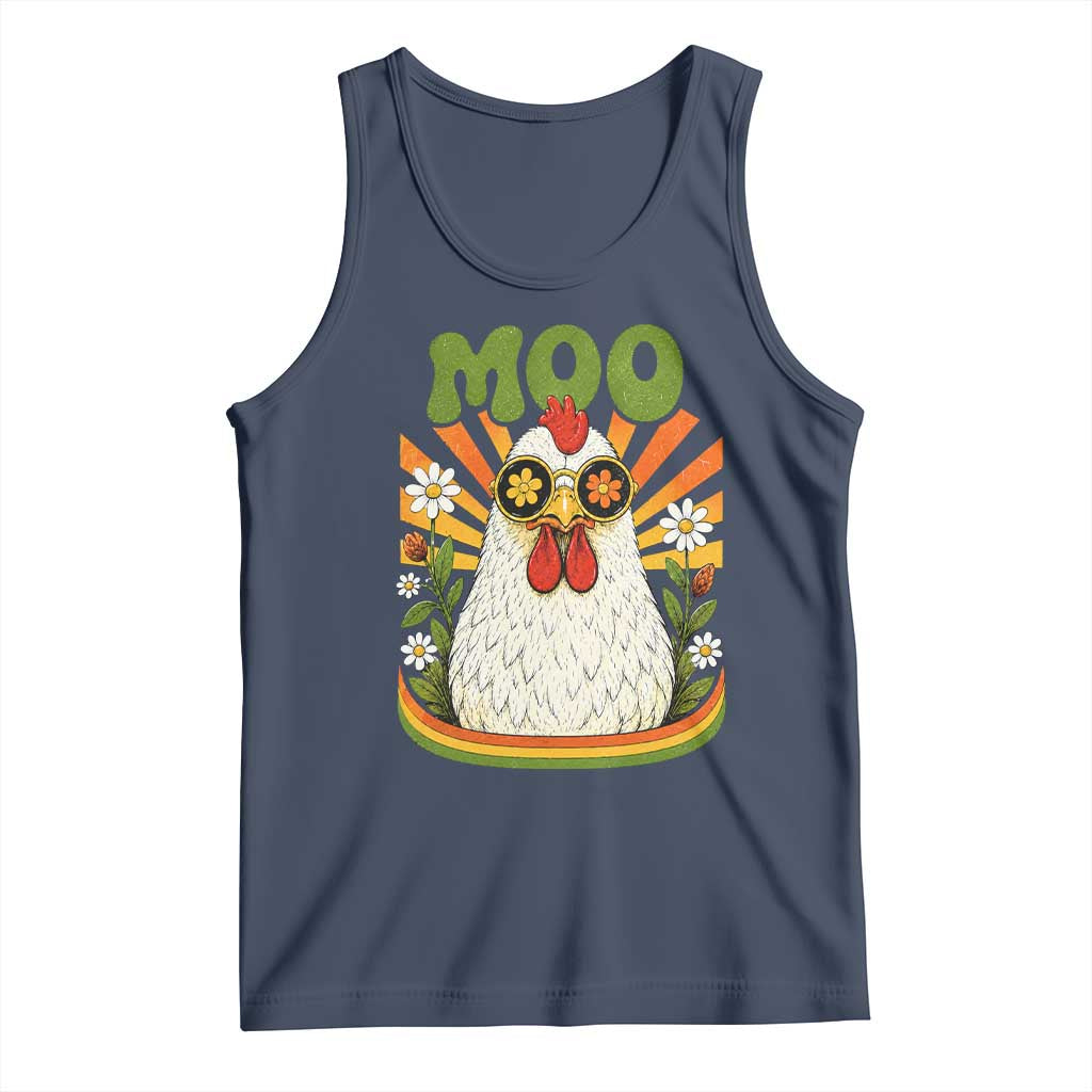 Retro Moo Chicken Wearing Sunglasses Graphic Tank Top Funny Groovy Farm Animal Pun Vintage Sunburst TS02 Navy Print Your Wear