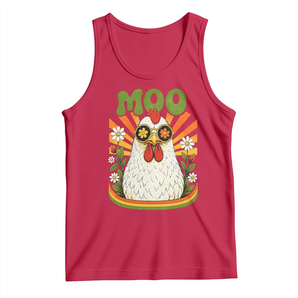 Retro Moo Chicken Wearing Sunglasses Graphic Tank Top Funny Groovy Farm Animal Pun Vintage Sunburst TS02 Red Print Your Wear