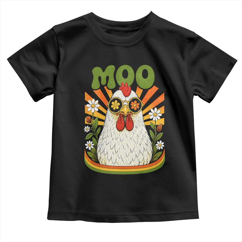 Retro Moo Chicken Wearing Sunglasses Graphic Toddler T Shirt Funny Groovy Farm Animal Pun Vintage Sunburst TS02 Black Print Your Wear