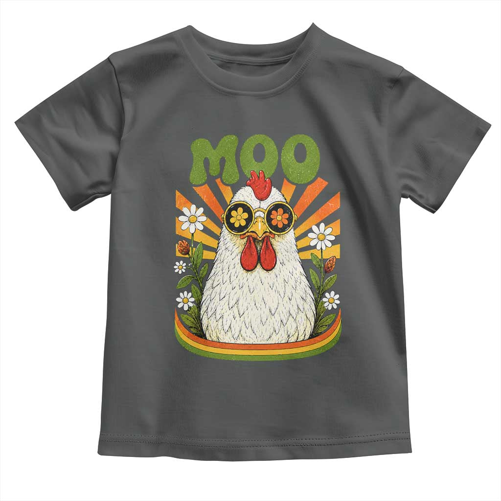 Retro Moo Chicken Wearing Sunglasses Graphic Toddler T Shirt Funny Groovy Farm Animal Pun Vintage Sunburst TS02 Dark Heather Print Your Wear