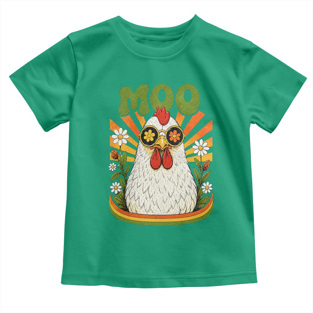 Retro Moo Chicken Wearing Sunglasses Graphic Toddler T Shirt Funny Groovy Farm Animal Pun Vintage Sunburst TS02 Irish Green Print Your Wear