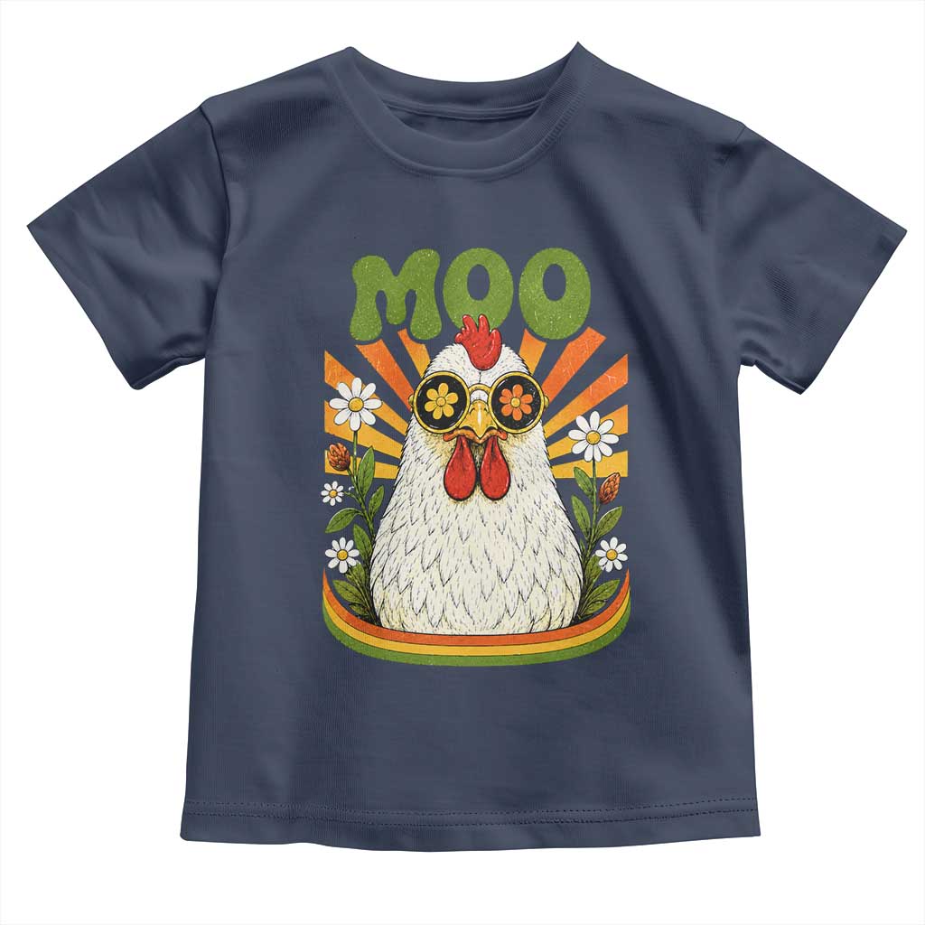 Retro Moo Chicken Wearing Sunglasses Graphic Toddler T Shirt Funny Groovy Farm Animal Pun Vintage Sunburst TS02 Navy Print Your Wear