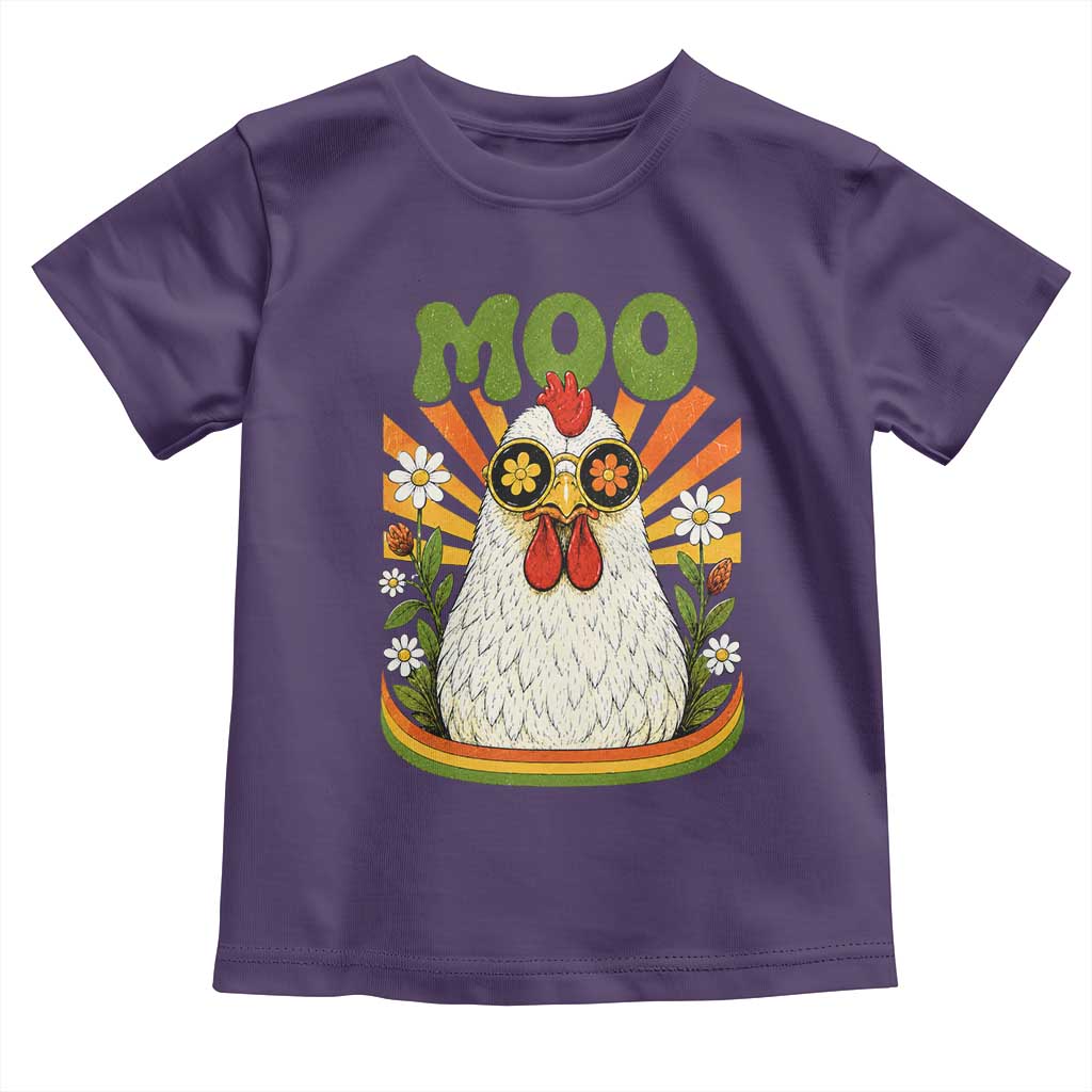 Retro Moo Chicken Wearing Sunglasses Graphic Toddler T Shirt Funny Groovy Farm Animal Pun Vintage Sunburst TS02 Purple Print Your Wear