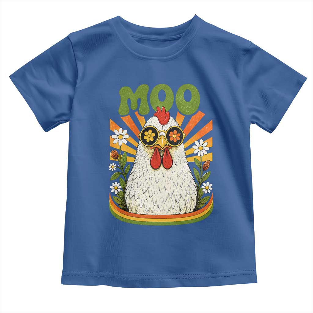 Retro Moo Chicken Wearing Sunglasses Graphic Toddler T Shirt Funny Groovy Farm Animal Pun Vintage Sunburst TS02 Royal Blue Print Your Wear