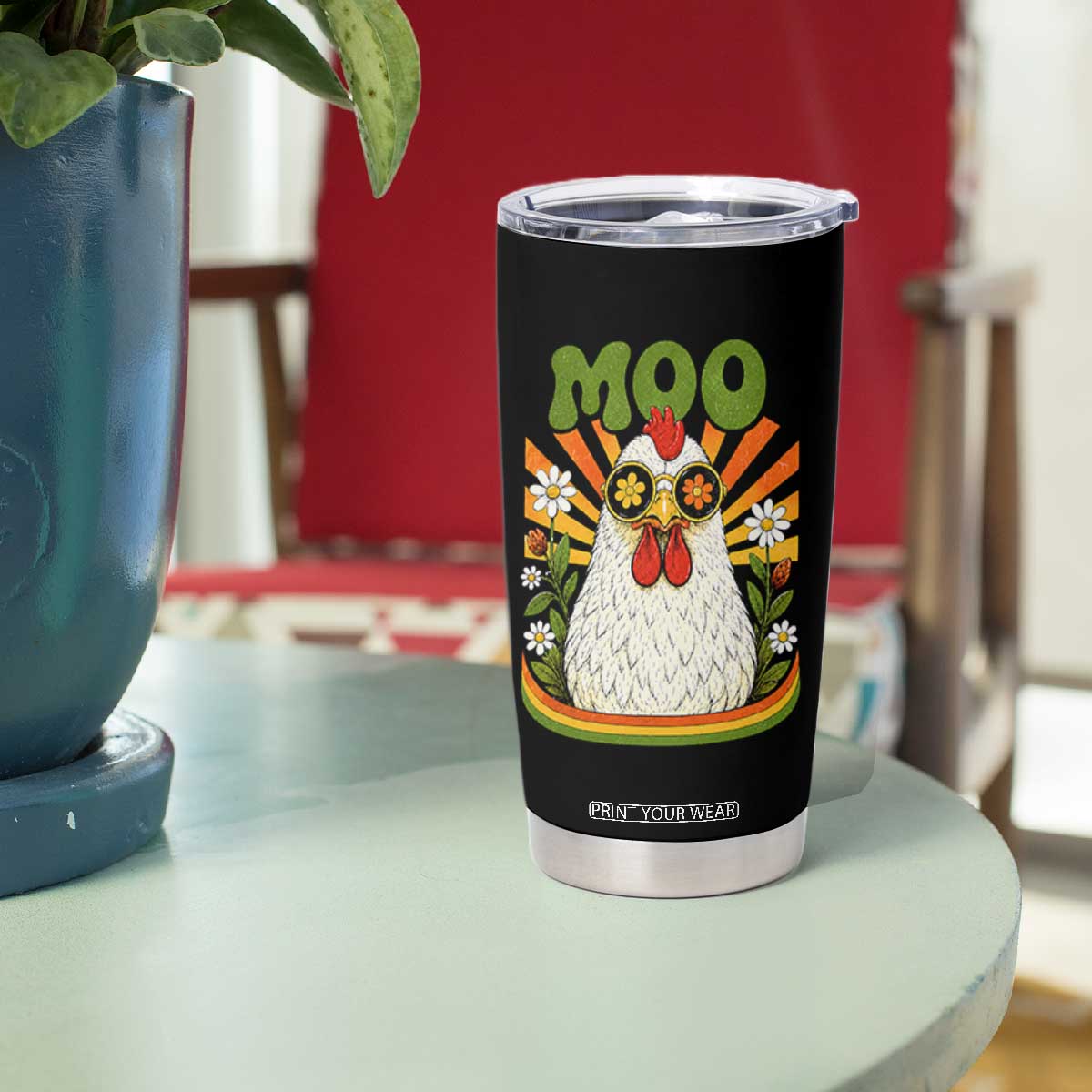 Retro Moo Chicken Wearing Sunglasses Graphic Tumbler Cup Funny Groovy Farm Animal Pun Vintage Sunburst TS02 Print Your Wear