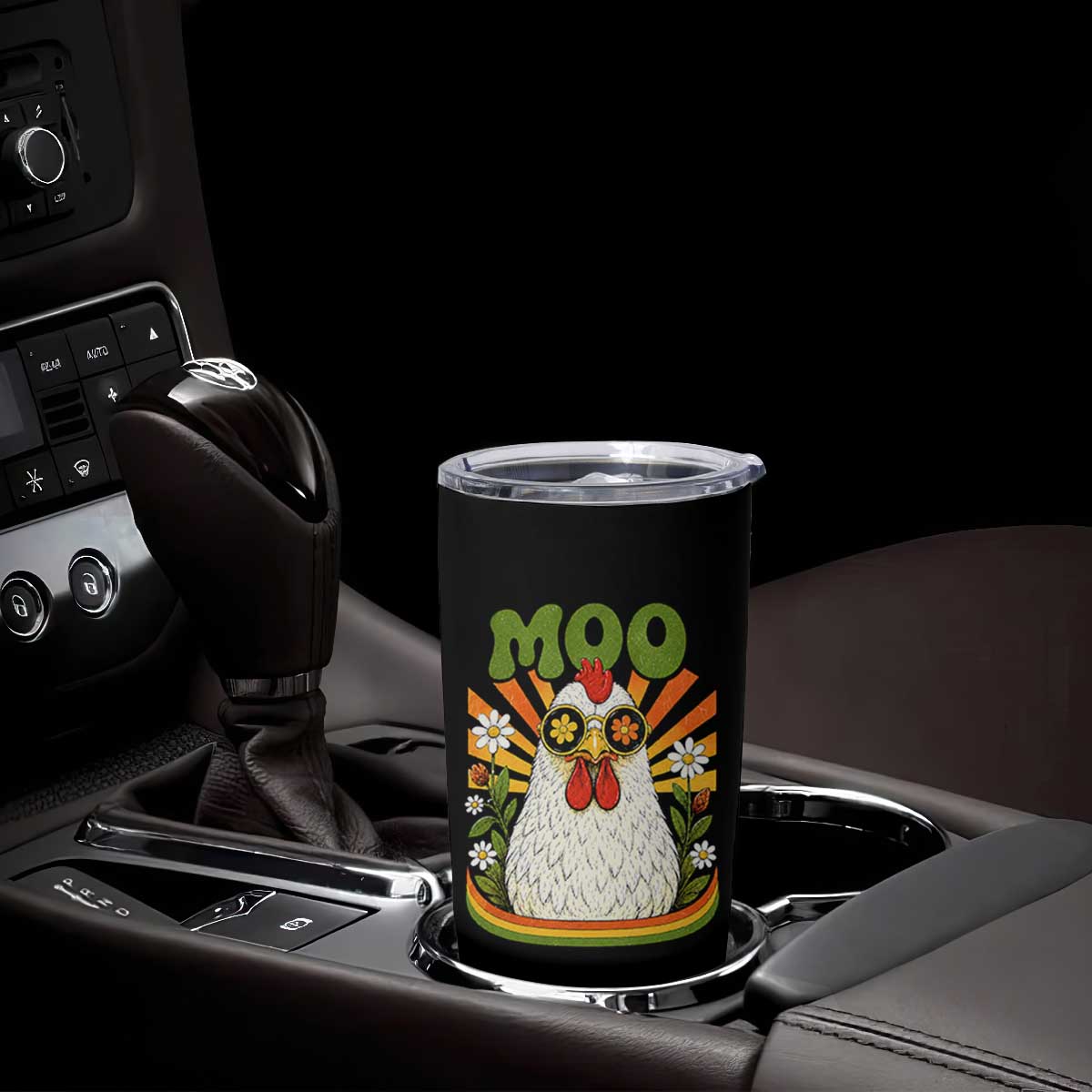 Retro Moo Chicken Wearing Sunglasses Graphic Tumbler Cup Funny Groovy Farm Animal Pun Vintage Sunburst TS02 Print Your Wear