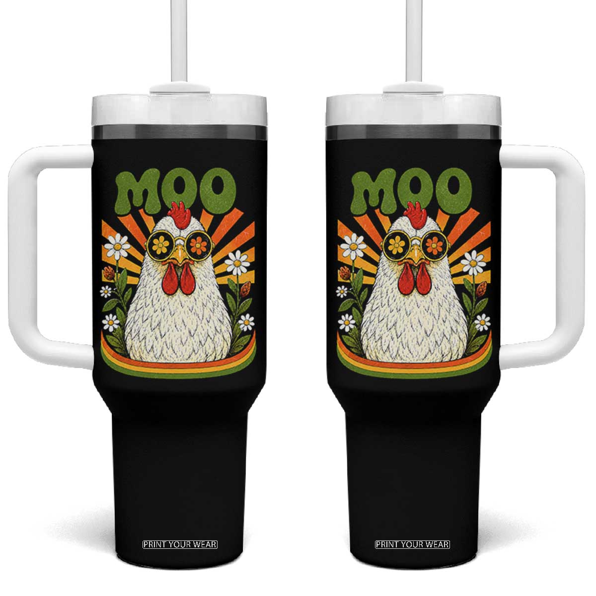 Retro Moo Chicken Wearing Sunglasses Graphic Tumbler With Handle Funny Groovy Farm Animal Pun Vintage Sunburst TS02 One Size: 40 oz Black Print Your Wear