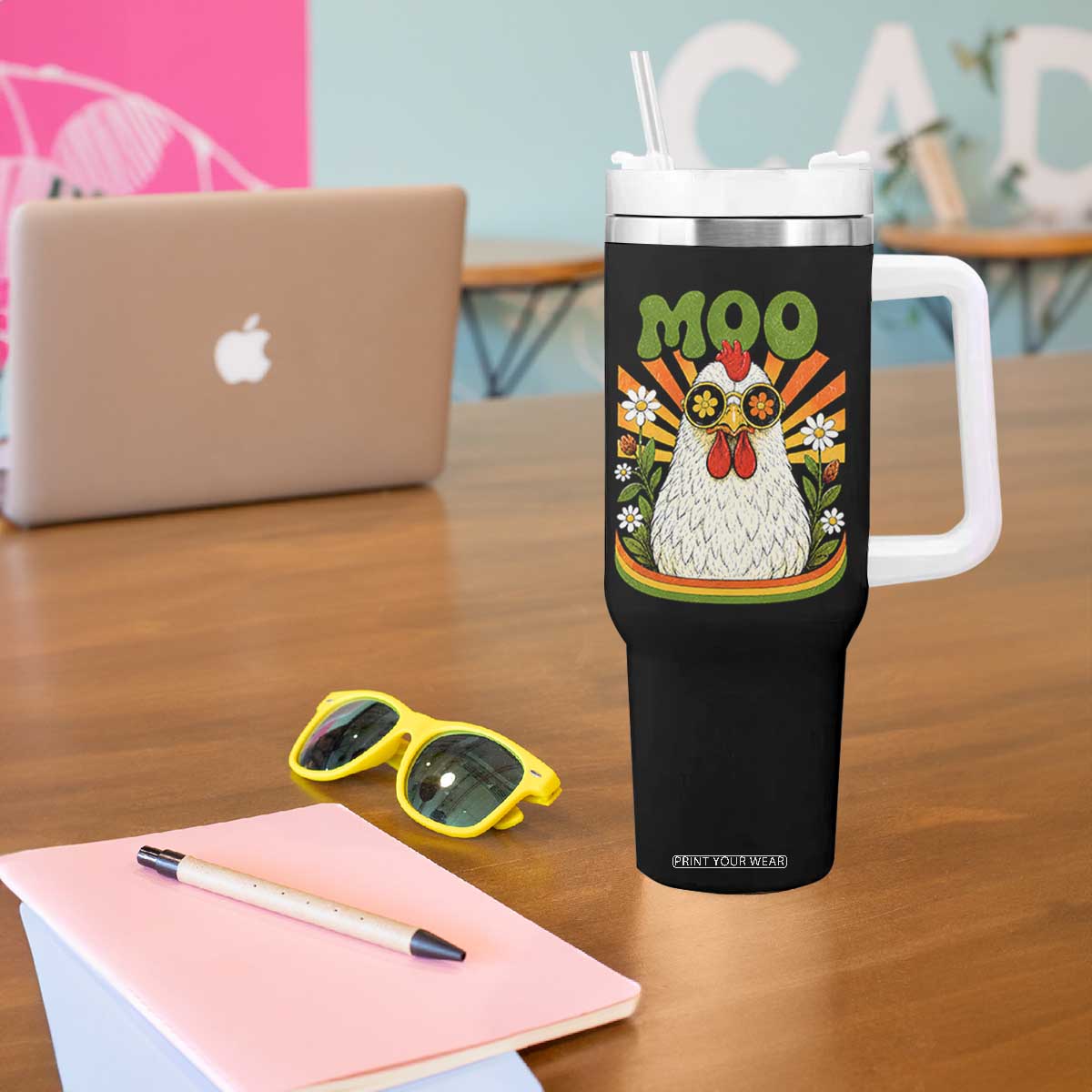 Retro Moo Chicken Wearing Sunglasses Graphic Tumbler With Handle Funny Groovy Farm Animal Pun Vintage Sunburst TS02 Print Your Wear