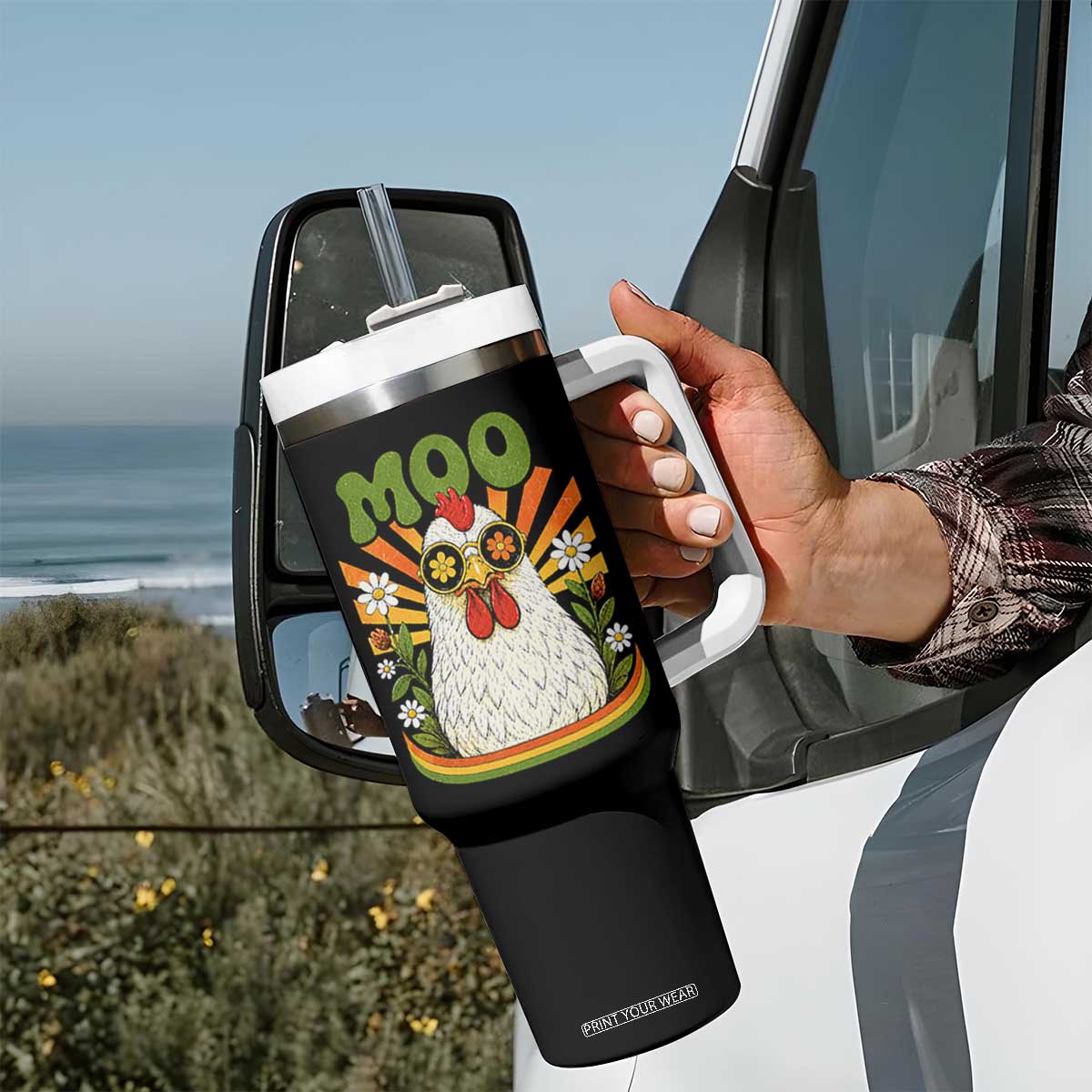 Retro Moo Chicken Wearing Sunglasses Graphic Tumbler With Handle Funny Groovy Farm Animal Pun Vintage Sunburst TS02 Print Your Wear