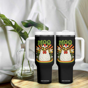 Retro Moo Chicken Wearing Sunglasses Graphic Tumbler With Handle Funny Groovy Farm Animal Pun Vintage Sunburst TS02 Print Your Wear