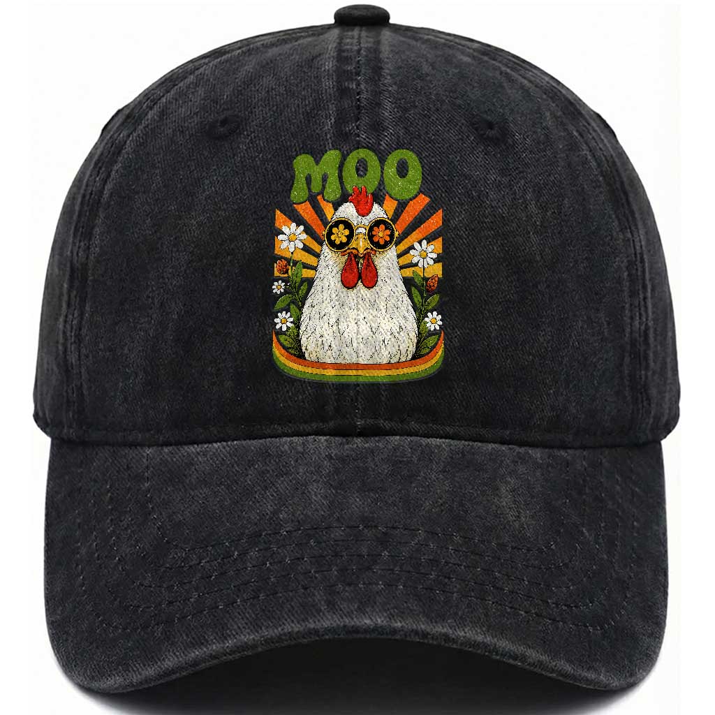 Retro Moo Chicken Wearing Sunglasses Graphic Washed Cotton Baseball Cap Funny Groovy Farm Animal Pun Vintage Sunburst TS02 Print Your Wear
