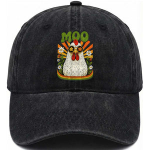 Retro Moo Chicken Wearing Sunglasses Graphic Washed Cotton Baseball Cap Funny Groovy Farm Animal Pun Vintage Sunburst TS02 Print Your Wear