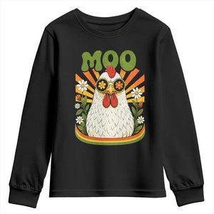 Retro Moo Chicken Wearing Sunglasses Graphic Youth Sweatshirt Funny Groovy Farm Animal Pun Vintage Sunburst TS02 Black Print Your Wear