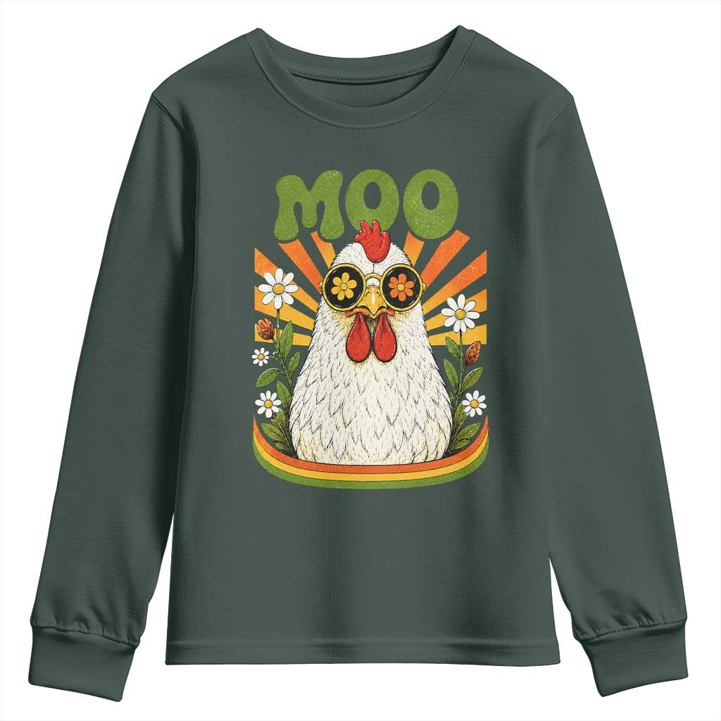 Retro Moo Chicken Wearing Sunglasses Graphic Youth Sweatshirt Funny Groovy Farm Animal Pun Vintage Sunburst TS02 Dark Forest Green Print Your Wear