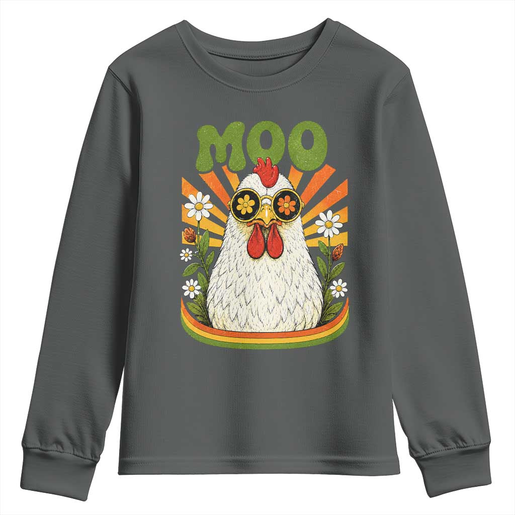 Retro Moo Chicken Wearing Sunglasses Graphic Youth Sweatshirt Funny Groovy Farm Animal Pun Vintage Sunburst TS02 Dark Heather Print Your Wear