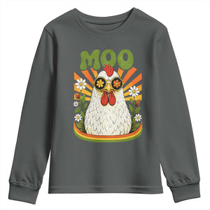 Retro Moo Chicken Wearing Sunglasses Graphic Youth Sweatshirt Funny Groovy Farm Animal Pun Vintage Sunburst TS02 Dark Heather Print Your Wear